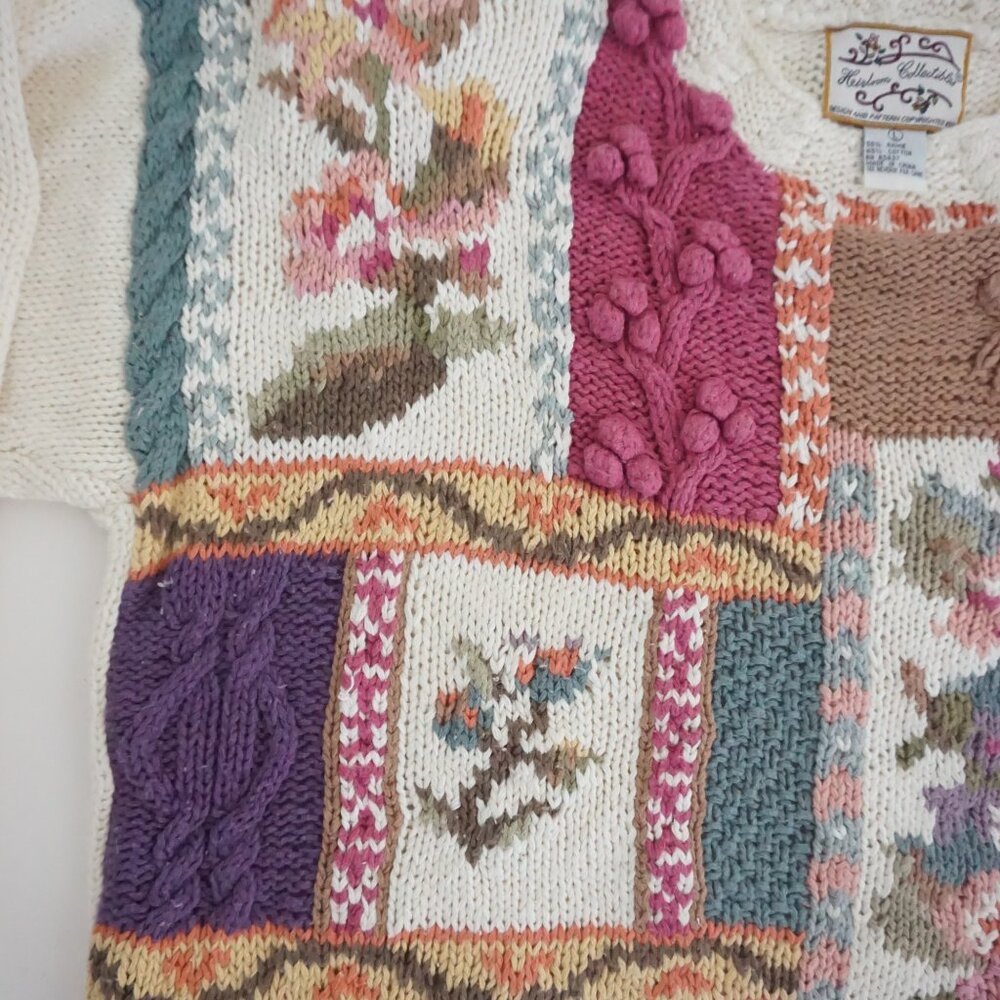 Vintage Heirloom Collectibles Floral Patchwork Cottage Knit Sweater Ivory Pink L - Picture 8 of 12